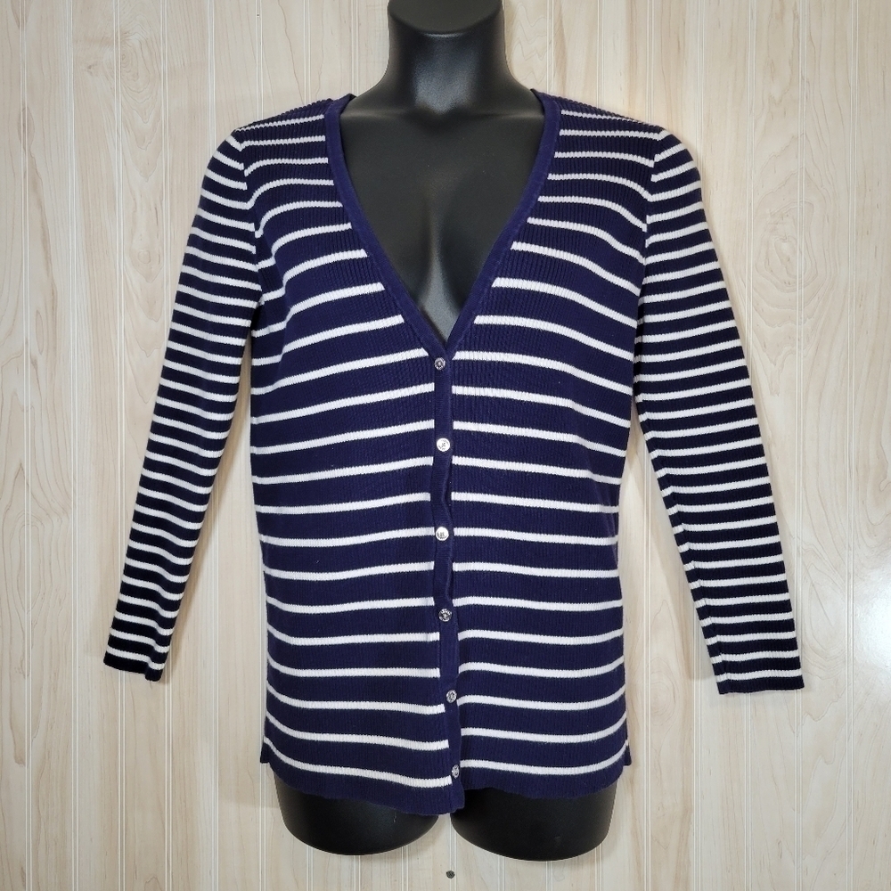 Lauren Ralph Lauren Navy & White Striped Cardigan Sweater Sz 1X